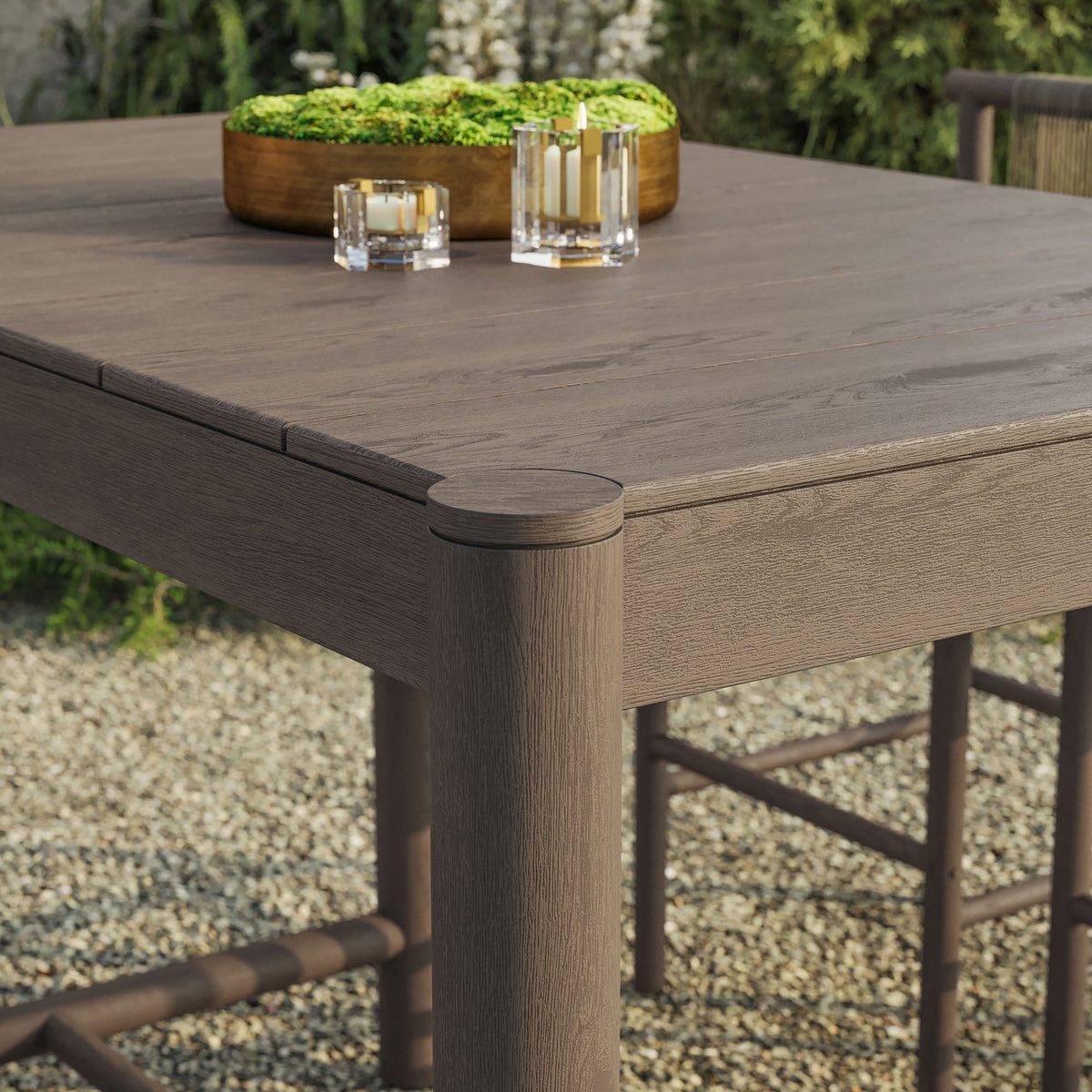Eleni 56-Inch outdoor teak bar table by Modway, brown wood with two glass candle holders on Tampa Home & Garden Store