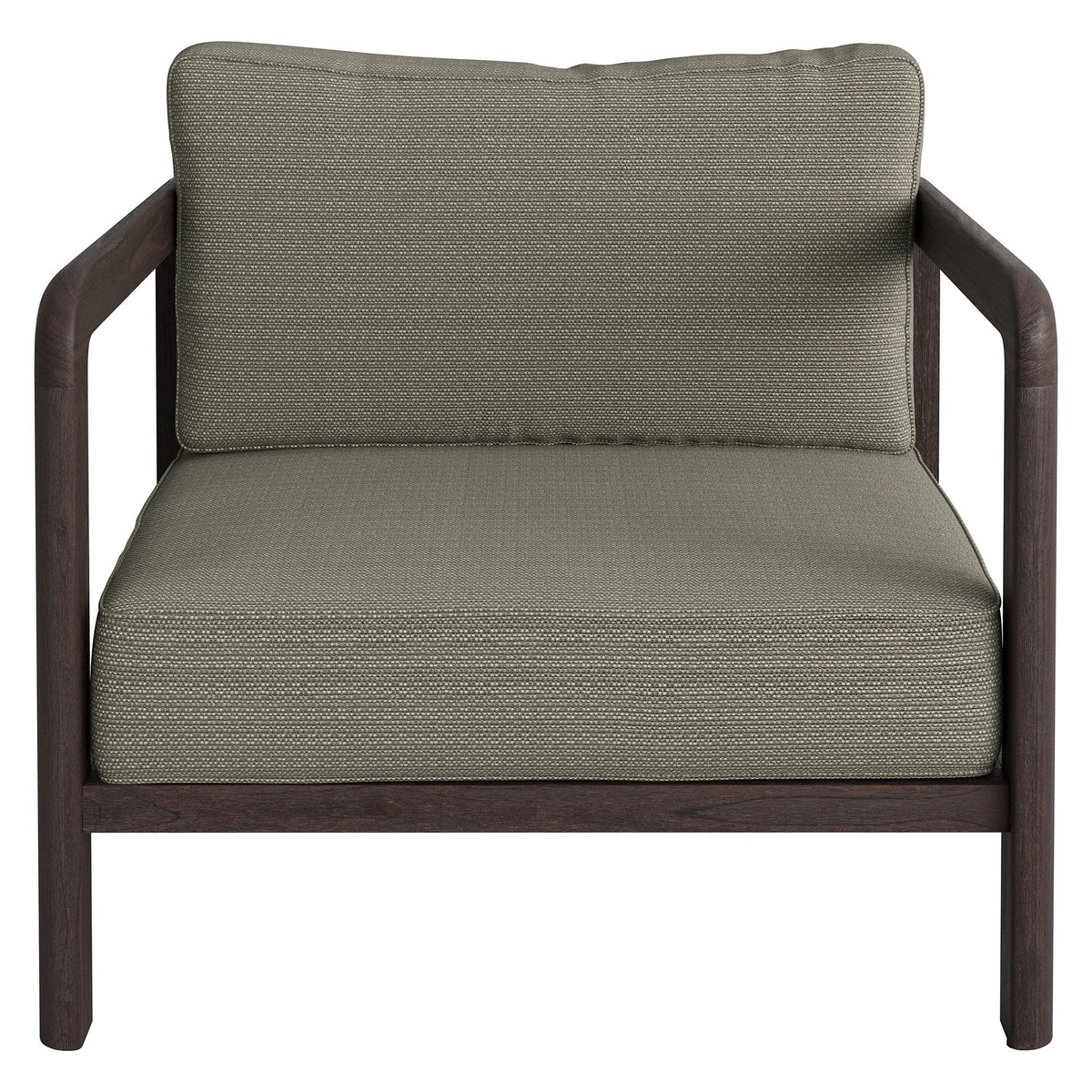 Kona outdoor teak wood chair with taupe woven cushion and dark wood armrests on Tampa Home & Garden Store