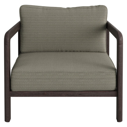 Kona outdoor teak wood chair with taupe woven cushion and dark wood armrests on Tampa Home & Garden Store