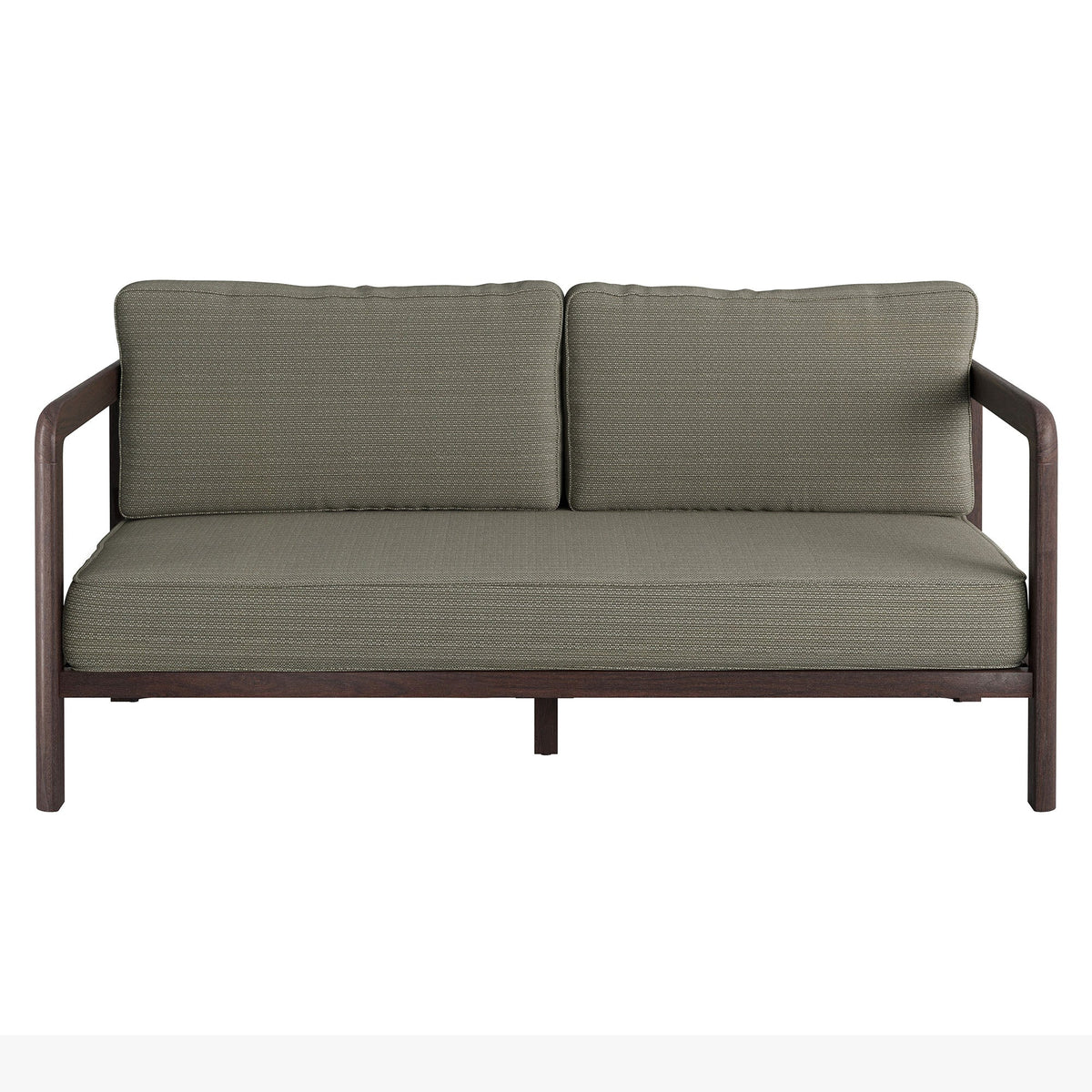 Kona Outdoor Patio Teak Wood Loveseat with dark teak frame and gray cushions on Tampa Home & Garden Store