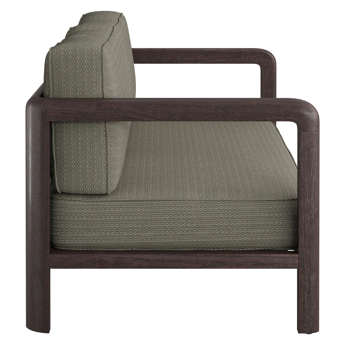 Kona outdoor teak wood loveseat with dark frame and gray woven cushions on Tampa Home & Garden Store