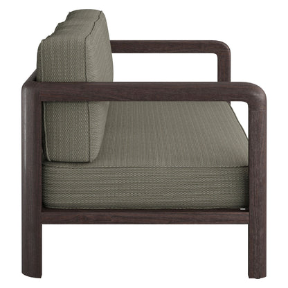 Kona outdoor teak wood loveseat with dark frame and gray woven cushions on Tampa Home & Garden Store