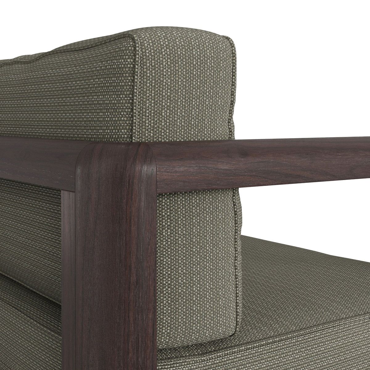 Kona outdoor patio teak wood loveseat close-up with dark wood frame and gray woven upholstery on Tampa Home & Garden Store