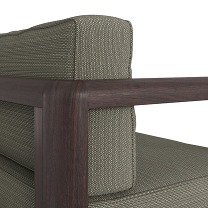 Kona outdoor patio teak wood loveseat close-up with dark wood frame and gray woven upholstery on Tampa Home & Garden Store