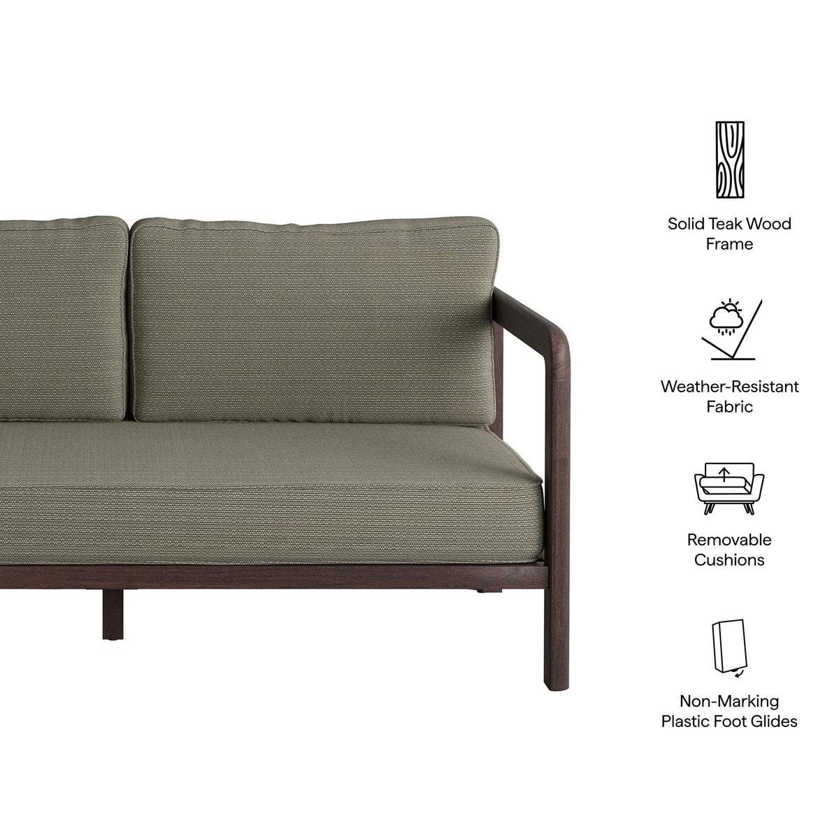 Kona Outdoor Teak Wood Loveseat with gray weatherproof cushions and solid teak frame on Tampa Home & Garden Store