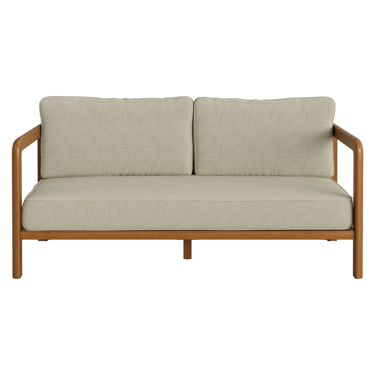 Kona Outdoor Patio Teak Wood Loveseat with beige fabric cushions, teak frame by HouseOfZazla on Tampa Home & Garden Store