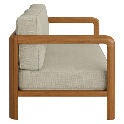 Kona Outdoor Teak Wood Loveseat by Modway with beige woven cushions and rounded teak frame on Tampa Home & Garden Store