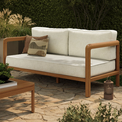 Kona Outdoor Patio Teak Wood Loveseat by Modway with beige cushions and decorative pillows on Tampa Home & Garden Store