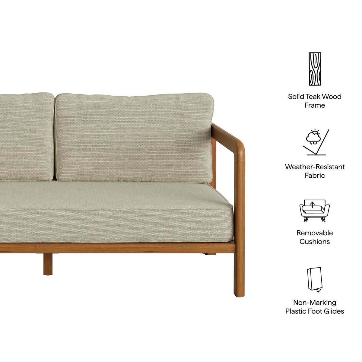 Kona Outdoor Teak Wood Loveseat by Modway with solid teak frame and beige fabric cushions on Tampa Home & Garden Store