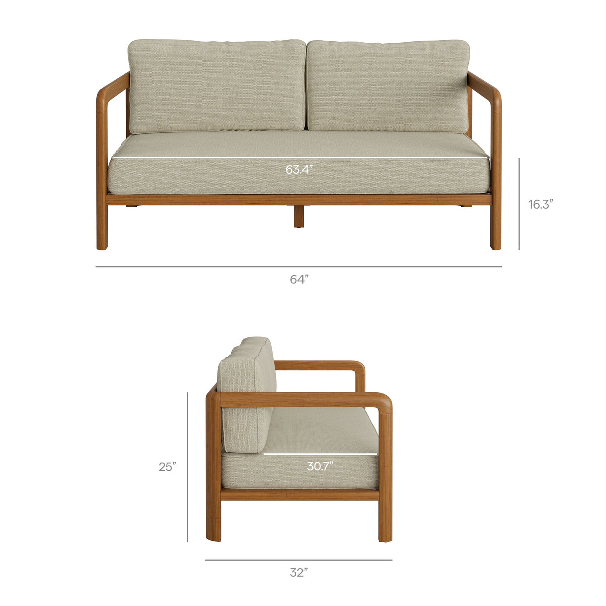 Kona outdoor teak wood loveseat with beige cushions, teak frame by HouseOfZazla on Tampa Home & Garden Store