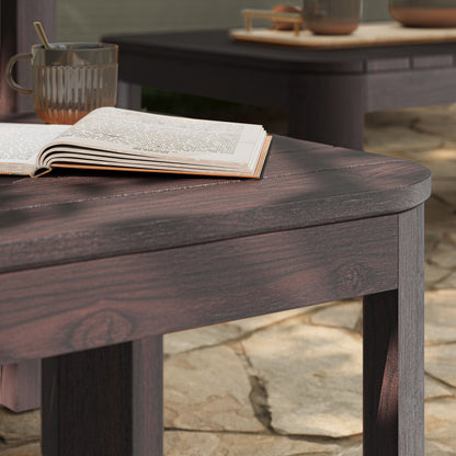 Kona Outdoor Patio Teak Wood Side Table by Modway in dark teak with open book and glass mug on Tampa Home & Garden Store