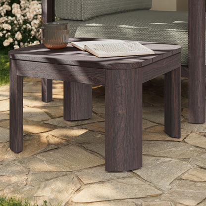 Kona outdoor teak wood side table by Modway in dark brown finish with a mug and open book on Tampa Home & Garden Store