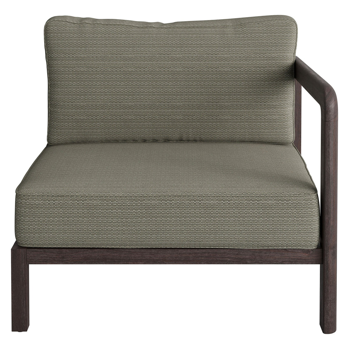 Kona outdoor teak wood right-arm facing modular armchair with taupe cushions on Tampa Home & Garden Store