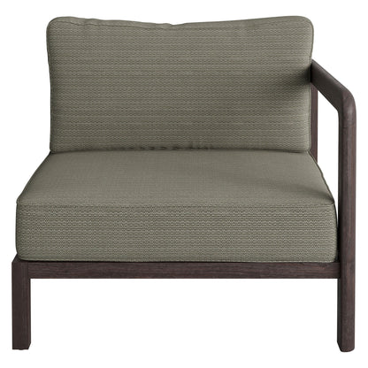 Kona outdoor teak wood right-arm facing modular armchair with taupe cushions on Tampa Home & Garden Store
