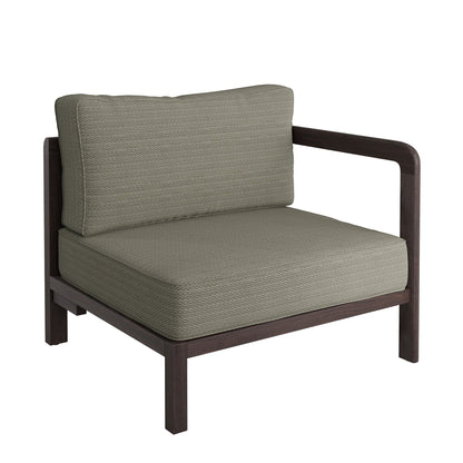 Kona outdoor teak wood right-arm facing modular armchair taupe cushions dark wood frame on Tampa Home & Garden Store