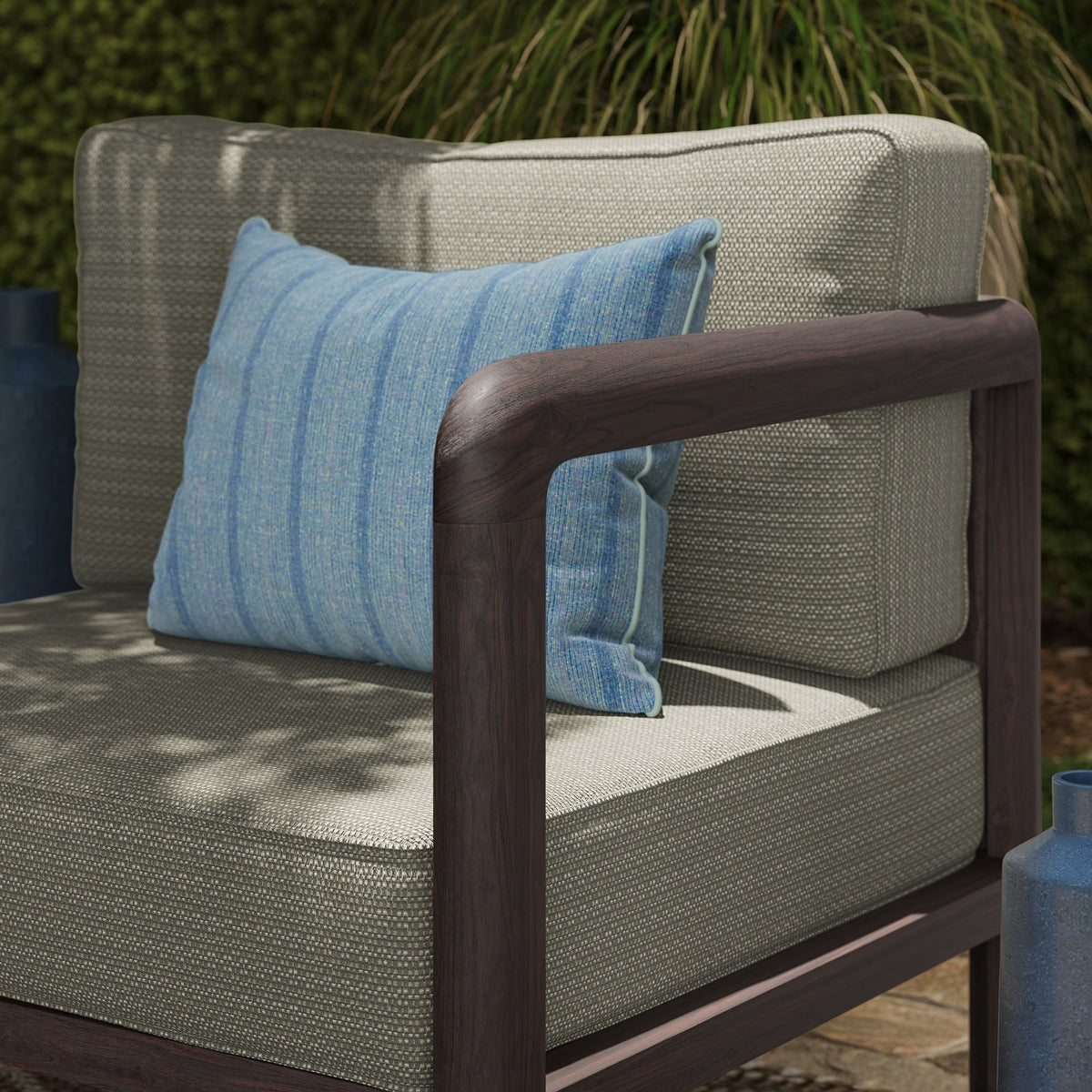 Kona Outdoor Teak Wood Right-Arm Facing Modular Armchair by Modway with gray woven cushions on Tampa Home & Garden Store