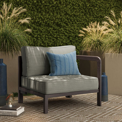 Kona outdoor teak wood right-arm facing modular armchair with gray cushions and blue pillow on Tampa Home & Garden Store