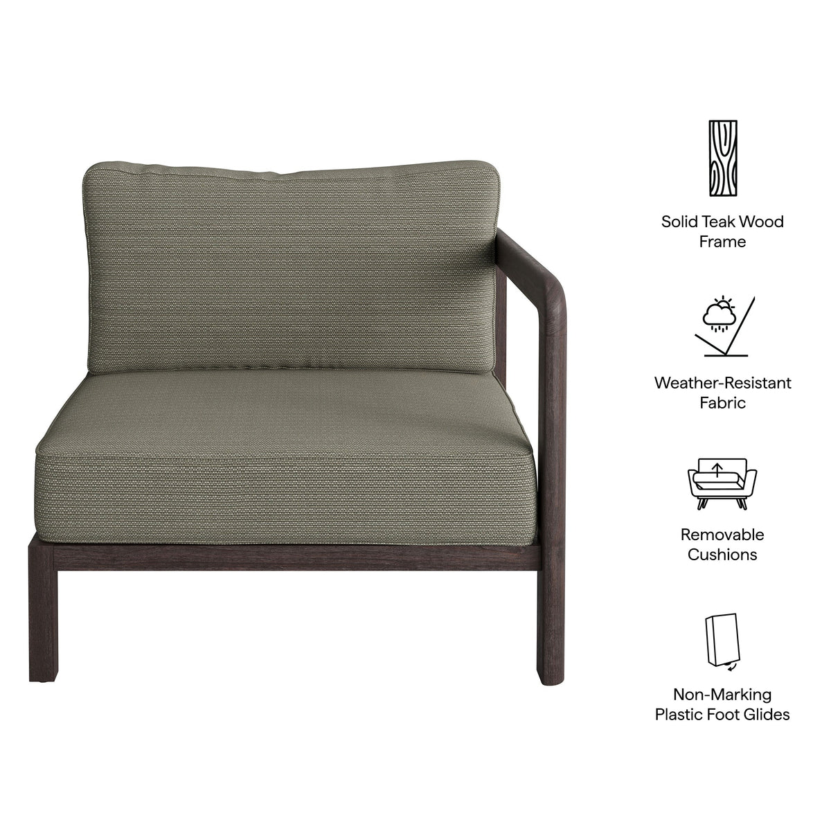 Kona Outdoor Teak Wood Right-Arm Facing Modular Armchair with gray woven cushions by HouseOfZazla on Tampa Home & Garden Store