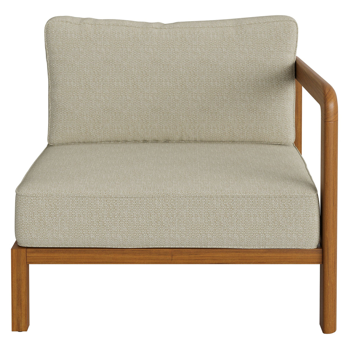 Kona outdoor teak wood right-arm modular armchair with beige woven upholstery on teak frame on Tampa Home & Garden Store