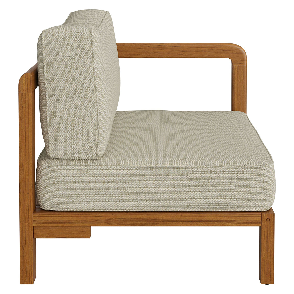 Kona outdoor patio teak wood right-arm facing modular armchair with beige woven cushions on Tampa Home & Garden Store