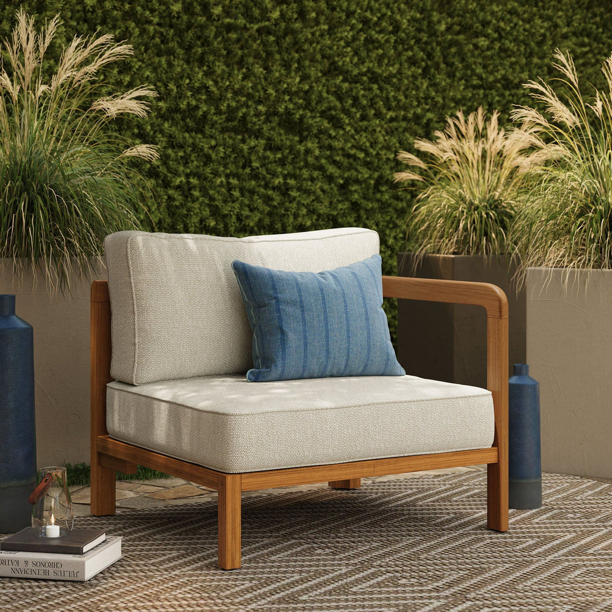 Kona teak wood right-arm facing modular armchair with beige cushions and blue pillow by Modway on Tampa Home & Garden Store