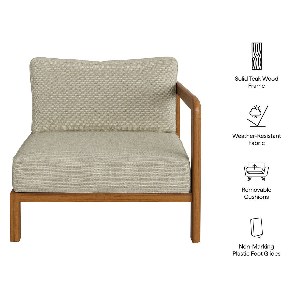 Kona right-arm facing outdoor modular armchair in beige weatherproof fabric with teak frame on Tampa Home & Garden Store