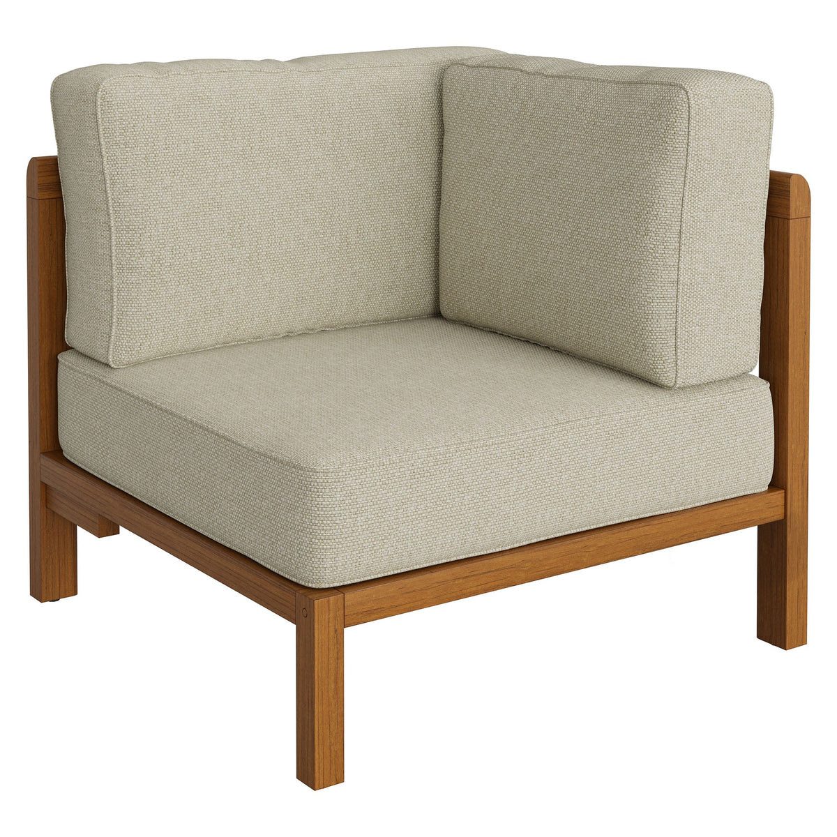Kona L-Shaped Outdoor Patio Teak Wood Modular Sofa with beige cushions and natural teak frame on Tampa Home & Garden Store