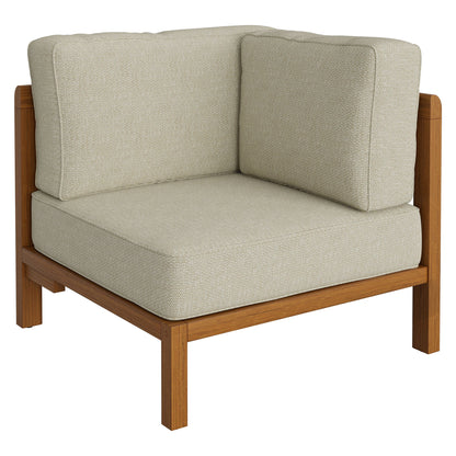 Kona L-Shaped Outdoor Patio Teak Wood Modular Sofa with beige cushions and natural teak frame on Tampa Home & Garden Store