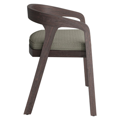 Kona outdoor teak wood barrel dining chair with curved armrests and beige woven cushion on Tampa Home & Garden Store