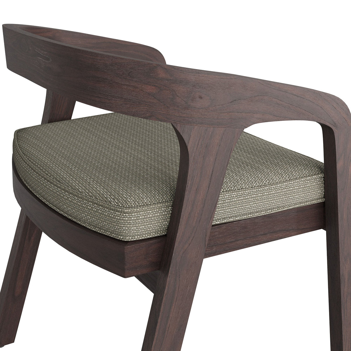 Kona Outdoor Patio Teak Wood Barrel Dining Chair with dark finish and textured cushion on Tampa Home & Garden Store