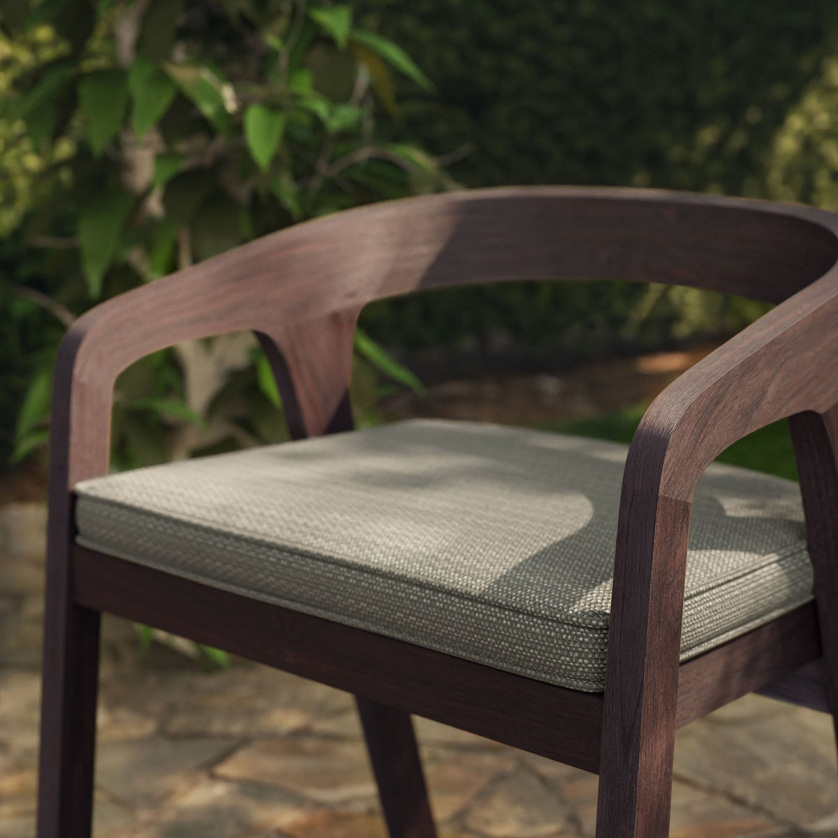 Kona outdoor teak barrel dining chair by Modway with woven gray cushion on Tampa Home & Garden Store