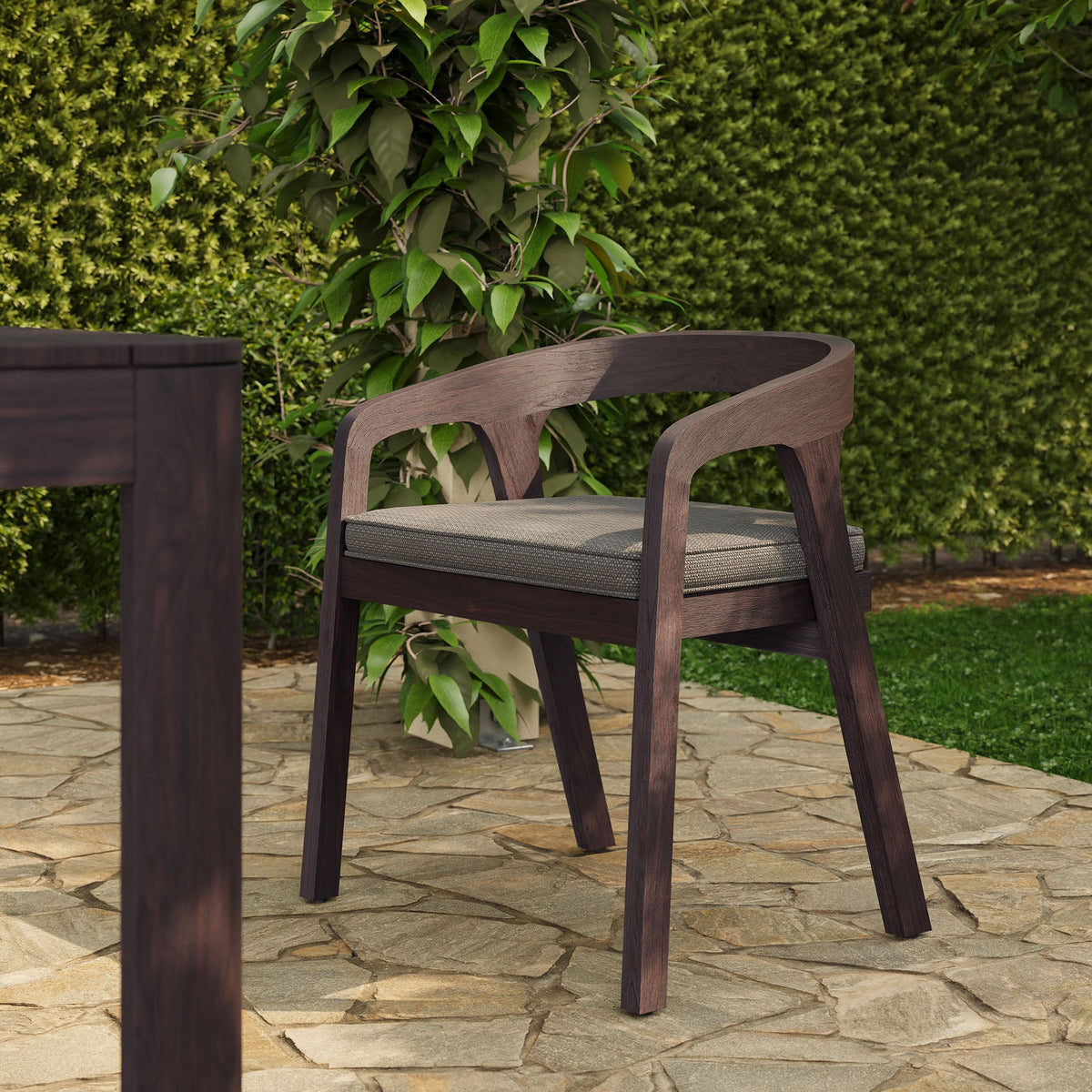 Kona Outdoor Patio Teak Wood Barrel Dining Chair with dark finish and cushioned seat on Tampa Home & Garden Store