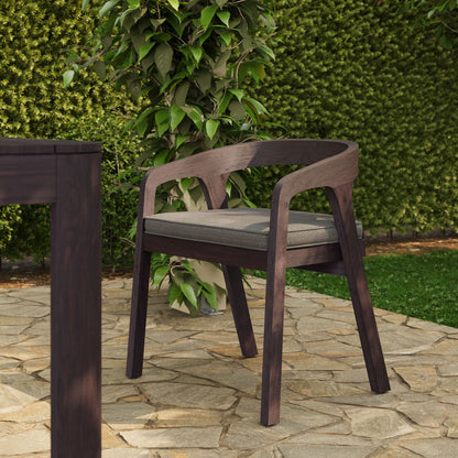 Kona Outdoor Patio Teak Wood Barrel Dining Chair with dark finish and cushioned seat on Tampa Home & Garden Store