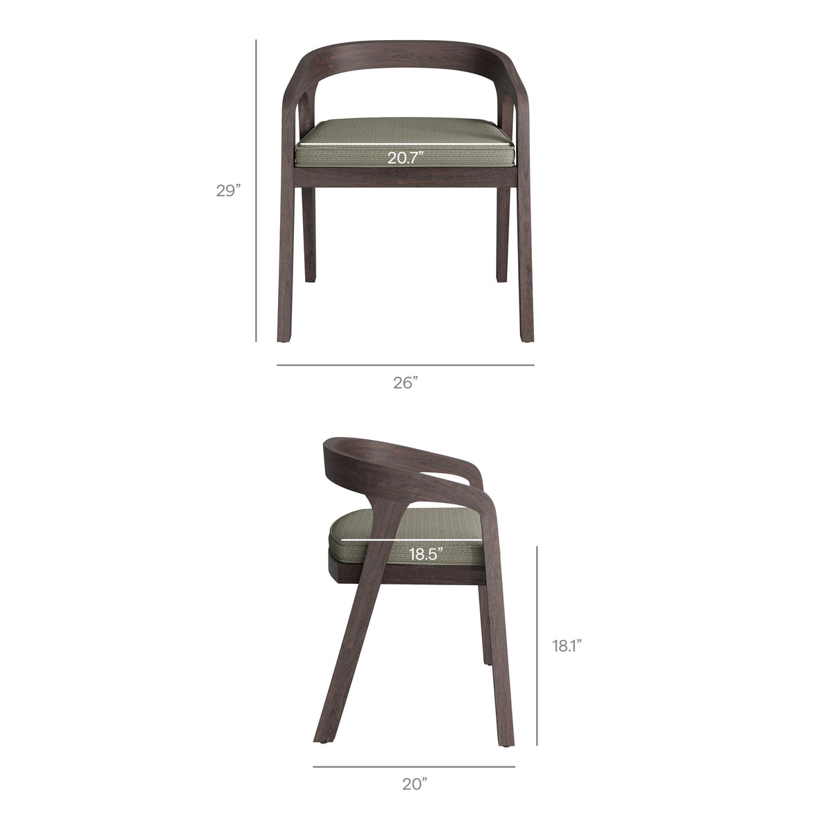 Kona outdoor teak wood barrel dining chair with curved back and olive cushion in dark finish on Tampa Home & Garden Store