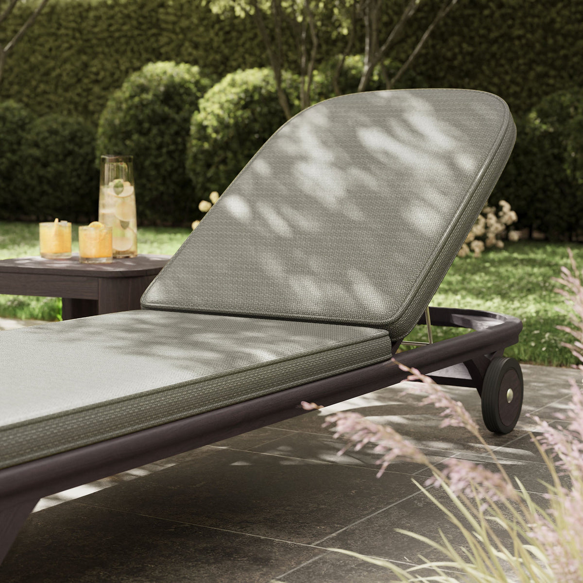Kona Outdoor Teak Wood Chaise Lounge Chair by Modway, gray cushion, wheeled base on Tampa Home & Garden Store