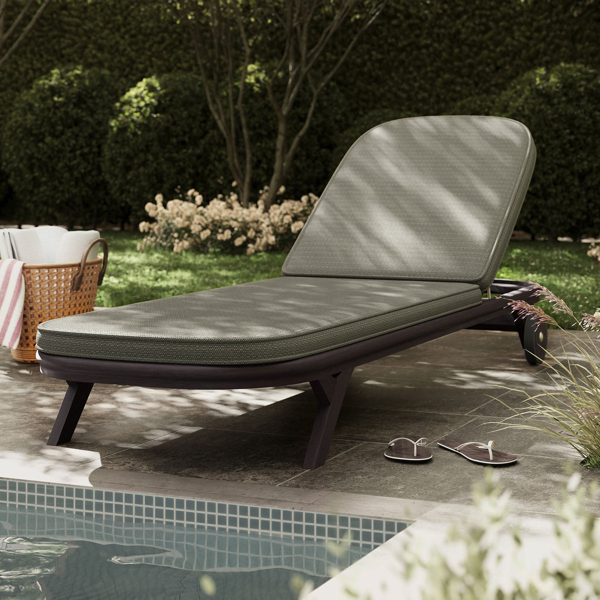 Kona teak wood chaise lounge with gray cushion poolside by HouseOfZazla on Tampa Home & Garden Store