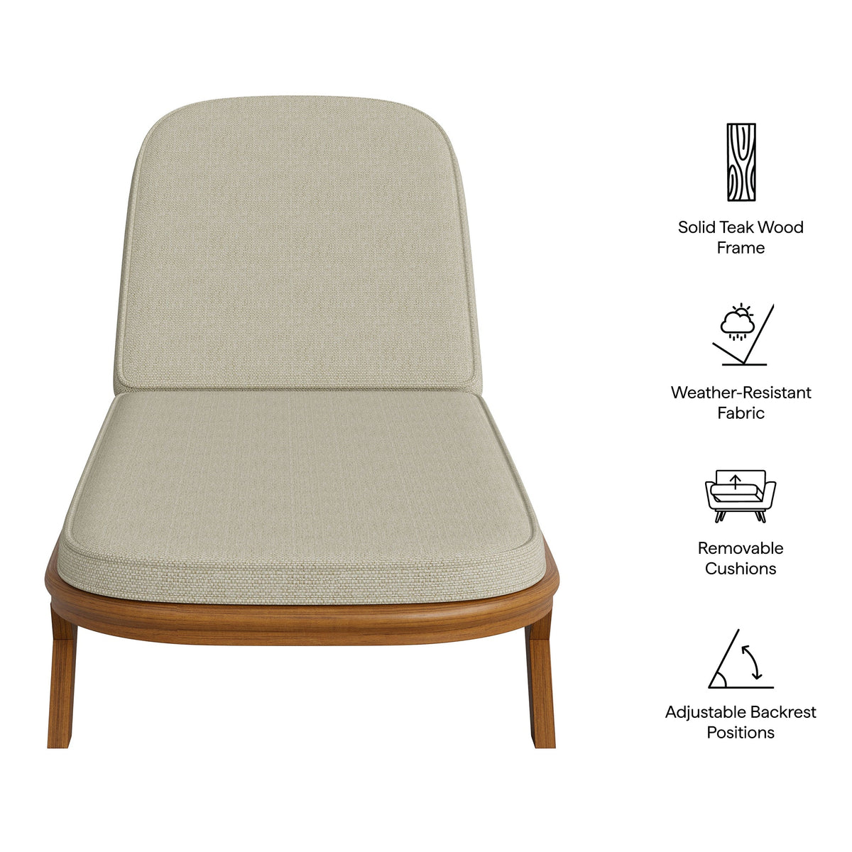 Kona Outdoor Teak Wood Chaise Lounge Chair by HouseOfZazla, beige weather-resistant fabric on Tampa Home & Garden Store