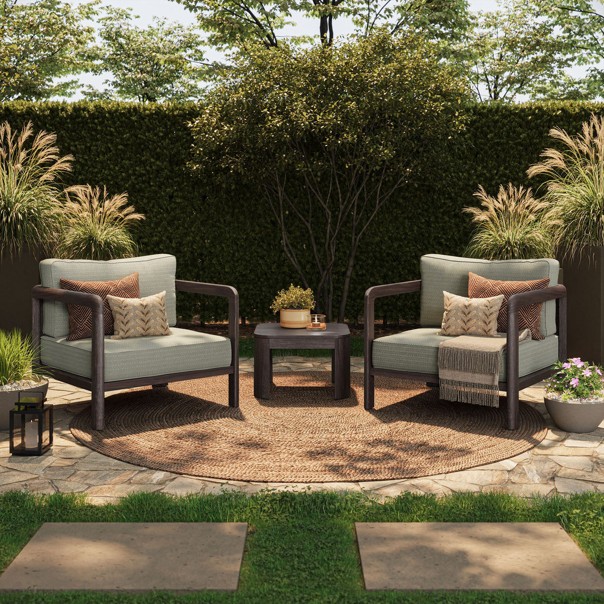 Kona 3-Piece Outdoor Teak Wood Patio Set with two cushioned chairs and round coffee table on Tampa Home & Garden Store