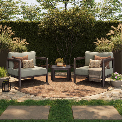 Kona 3-Piece Outdoor Teak Wood Patio Set with two cushioned chairs and round coffee table on Tampa Home & Garden Store