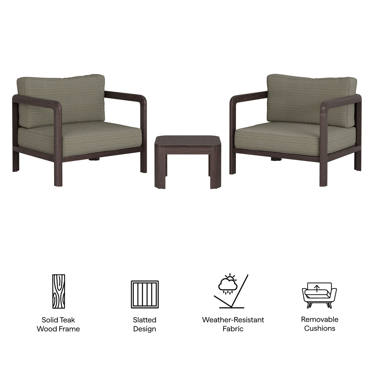 Kona 3-Piece Outdoor Teak Wood Patio Set with two chairs and side table by HouseOfZazla on Tampa Home & Garden Store