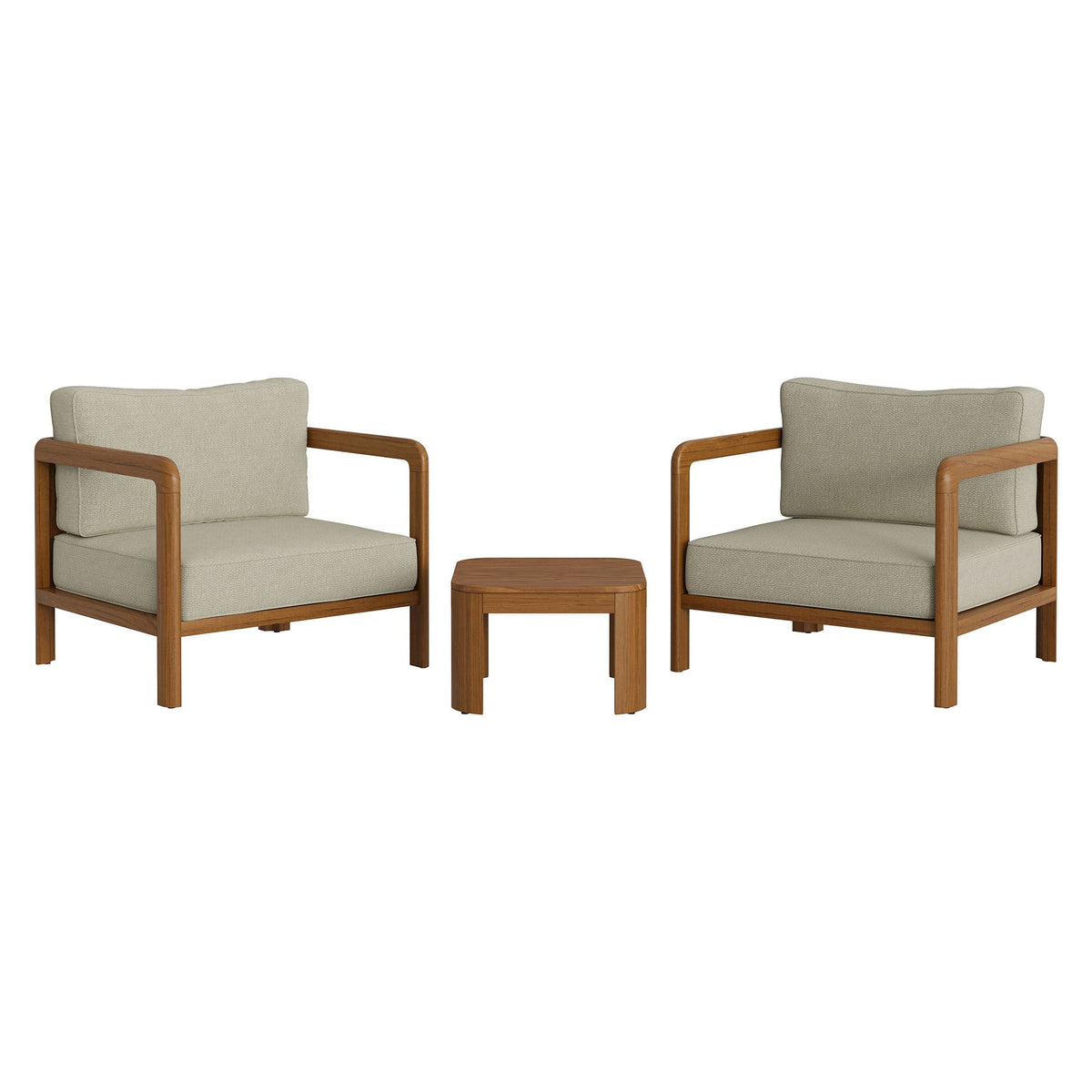 Kona 3-Piece teak furniture set with beige cushions, two chairs and a coffee table by Modway on Tampa Home & Garden Store