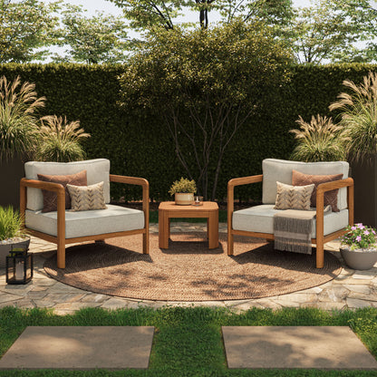 Kona 3-Piece outdoor teak wood furniture set with two cushioned armchairs and round table on Tampa Home & Garden Store