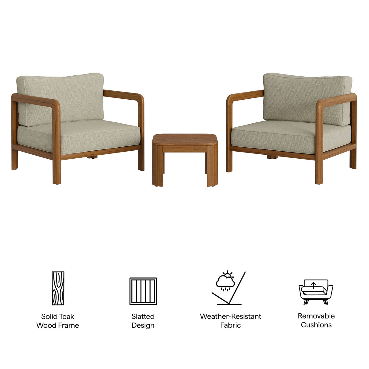 Kona 3-Piece outdoor teak wood furniture set with beige cushions; two chairs and table by Modway on Tampa Home & Garden Store