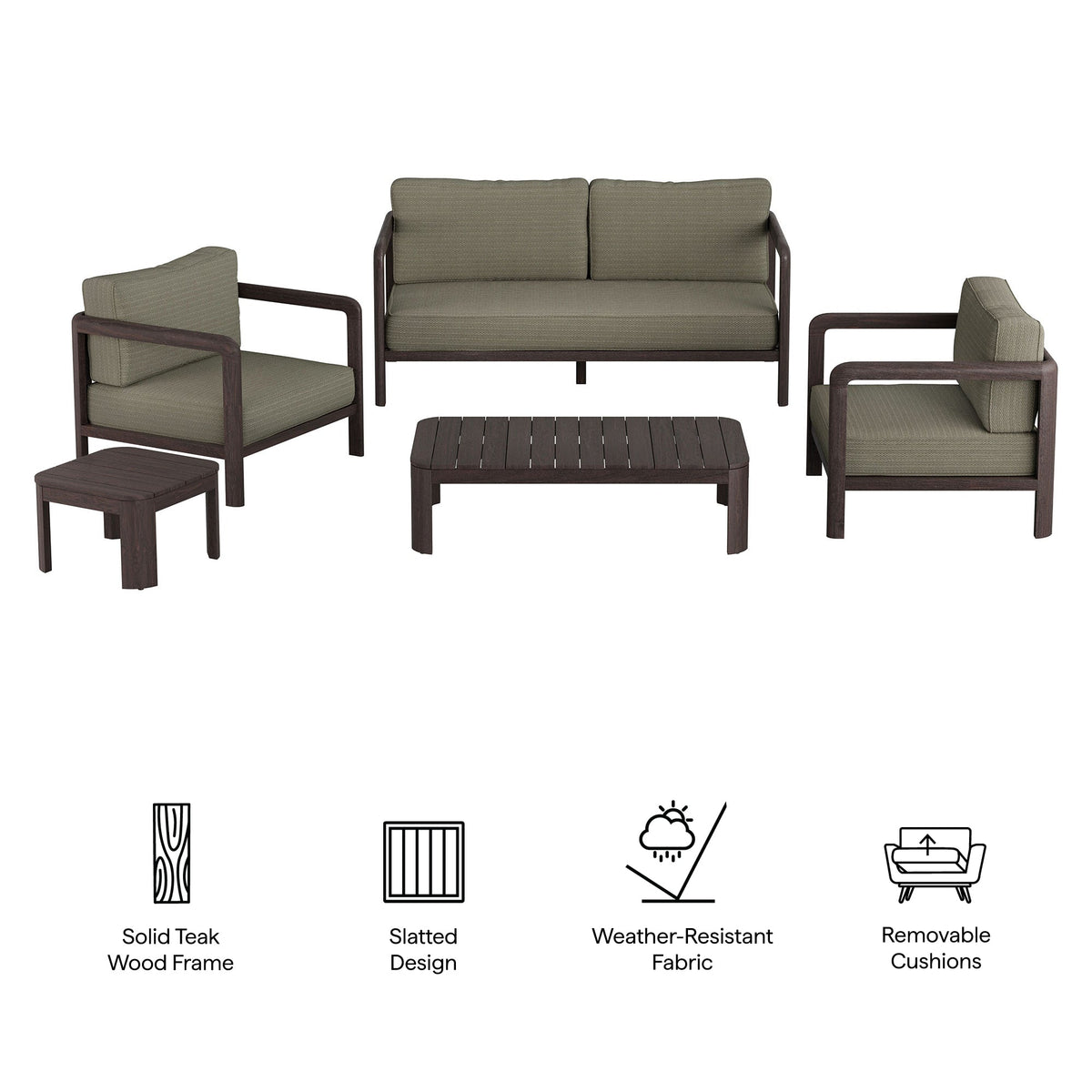Kona 5-Piece Teak Wood Furniture Set with olive cushions; sofa and armchairs with coffee table on Tampa Home & Garden Store