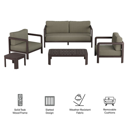 Kona 5-Piece Teak Wood Furniture Set with olive cushions; sofa and armchairs with coffee table on Tampa Home & Garden Store