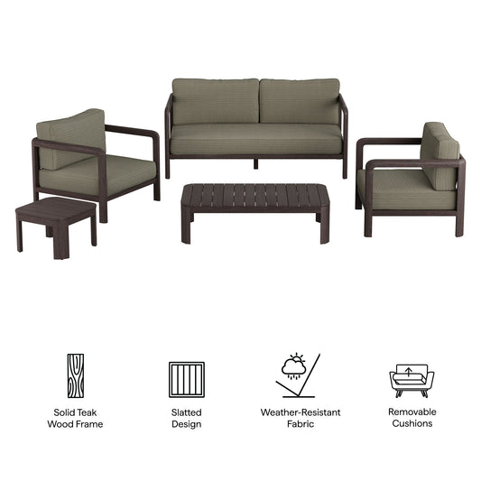 Kona 5-Piece Teak Wood Furniture Set with olive cushions; sofa and armchairs with coffee table on Tampa Home & Garden Store
