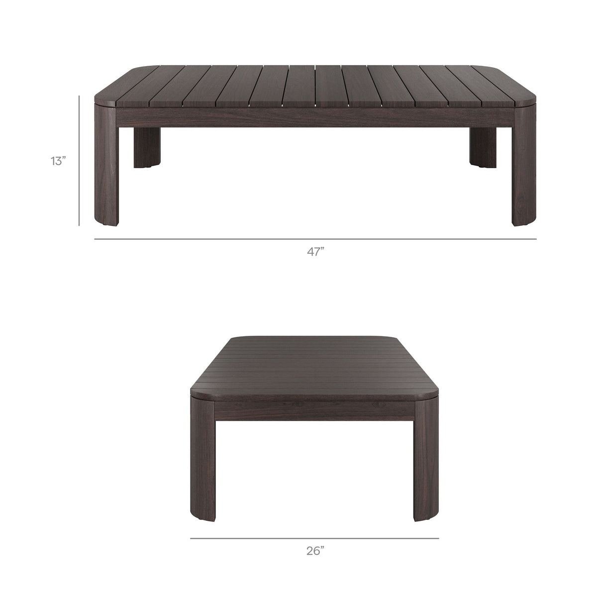 Kona outdoor teak coffee table with slatted top in dark finish 47 inches long on Tampa Home & Garden Store