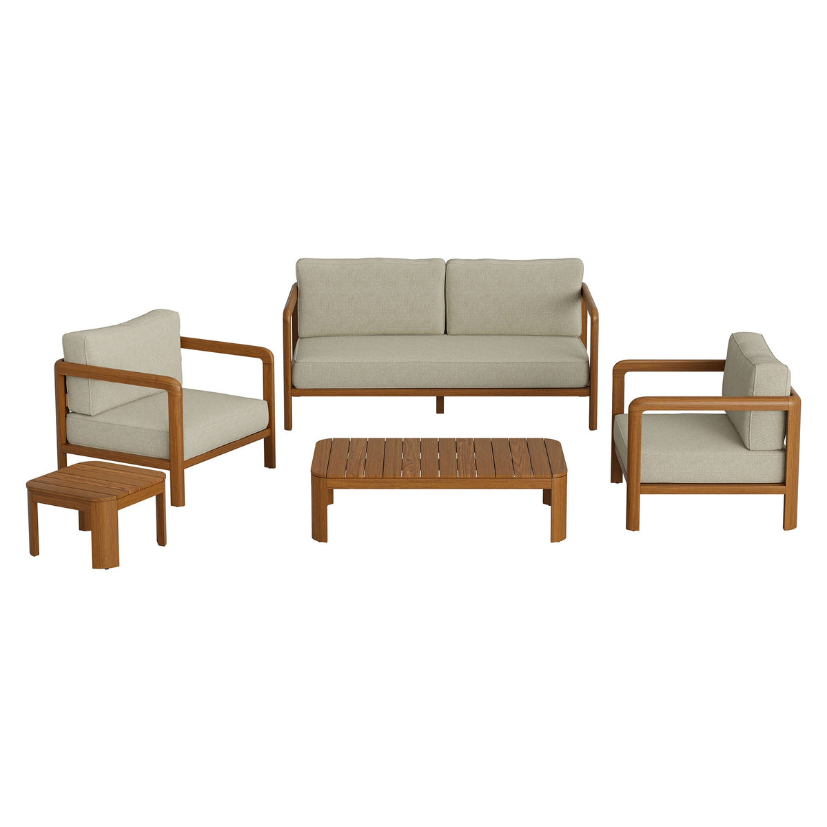 Kona 5-Piece outdoor teak patio set with beige cushions: sofa, 2 chairs, 2 end tables on Tampa Home & Garden Store