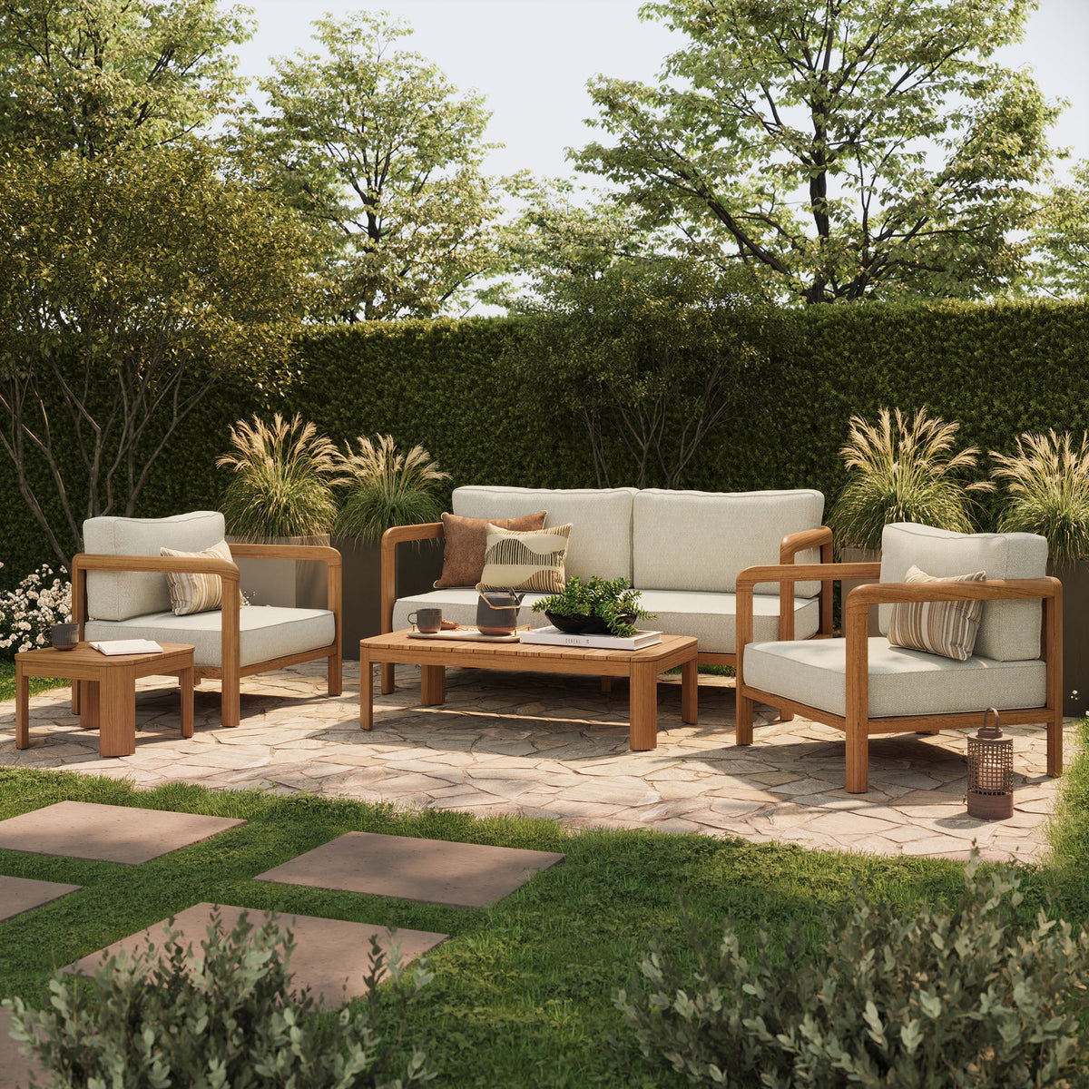Kona 5-Piece Outdoor Teak Wood Furniture Set with beige cushions on a patio by Modway on Tampa Home & Garden Store