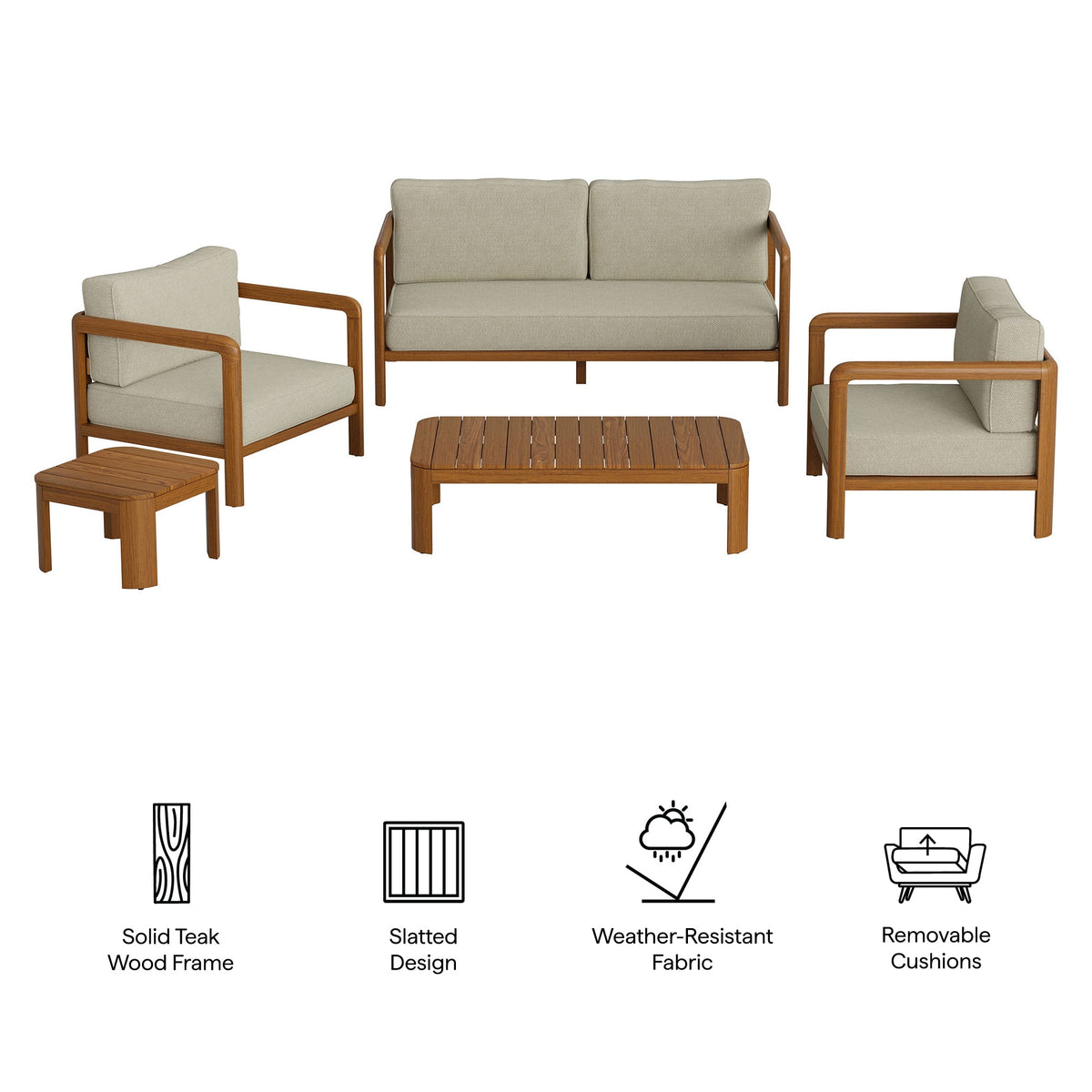Kona 5-Piece Teak Wood Furniture Set beige cushions sofa and 2 chairs with coffee table on Tampa Home & Garden Store